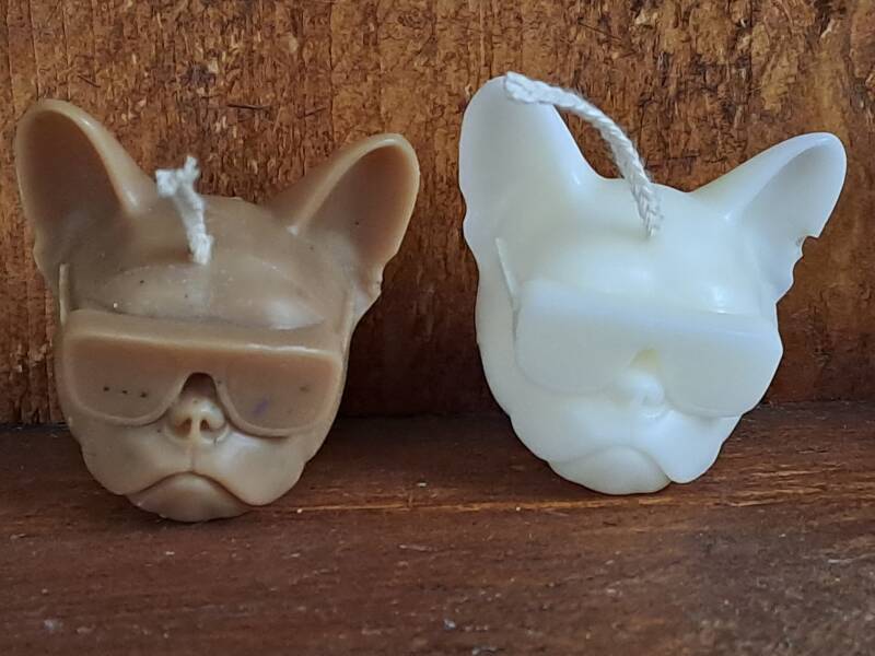 Stoere mini buldog met zonnebril kaars – handmade