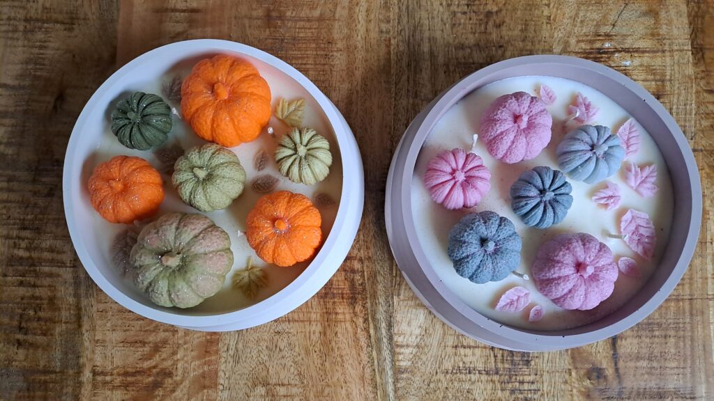 handgemaakte Jesmonite schaal met geurende sojawas en pompoenen- Cozy decoratie